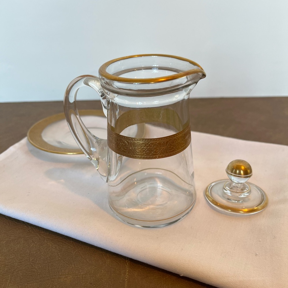 Rare Find Tiffin Glass Gilded Lidded Syrup Pitcher w Saucer, early 20th Century - Picture 10 of 11
